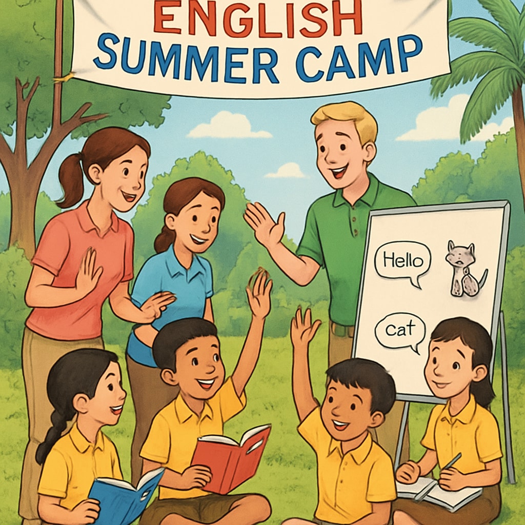 A group of students and teachers engaged in an English learning activity at a summer camp in Thailand. Students and teachers in an English summer camp in Thailand