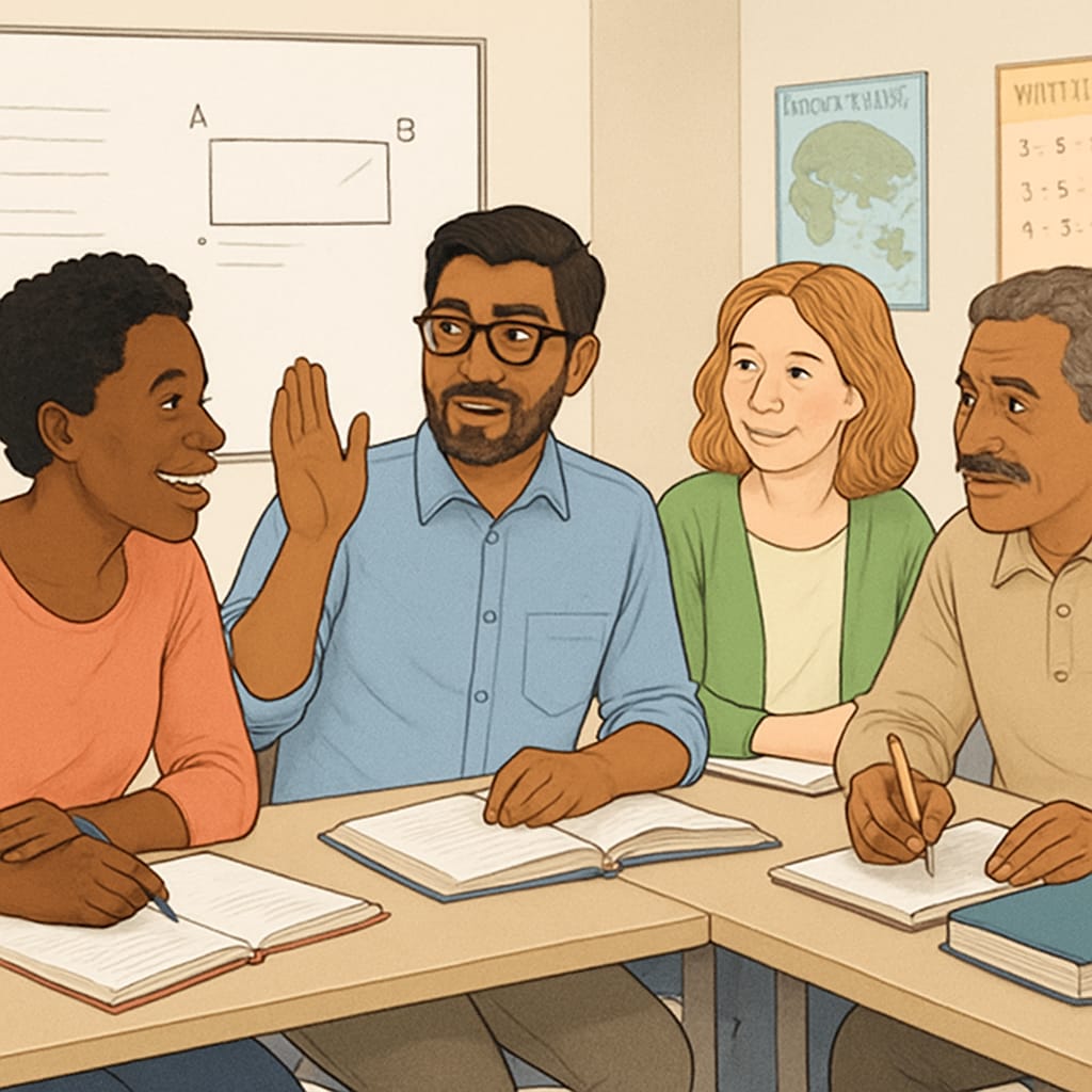 Adult students in a classroom discussing education, highlighting lifelong learning.