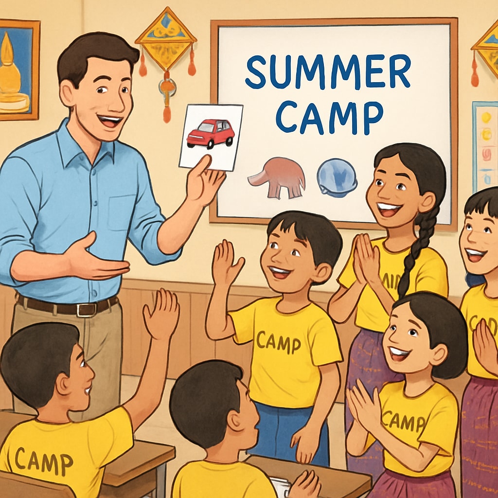 An English teacher interacting with Thai students during a cultural exchange activity at a summer camp. English teacher and Thai students in a summer camp cultural activity