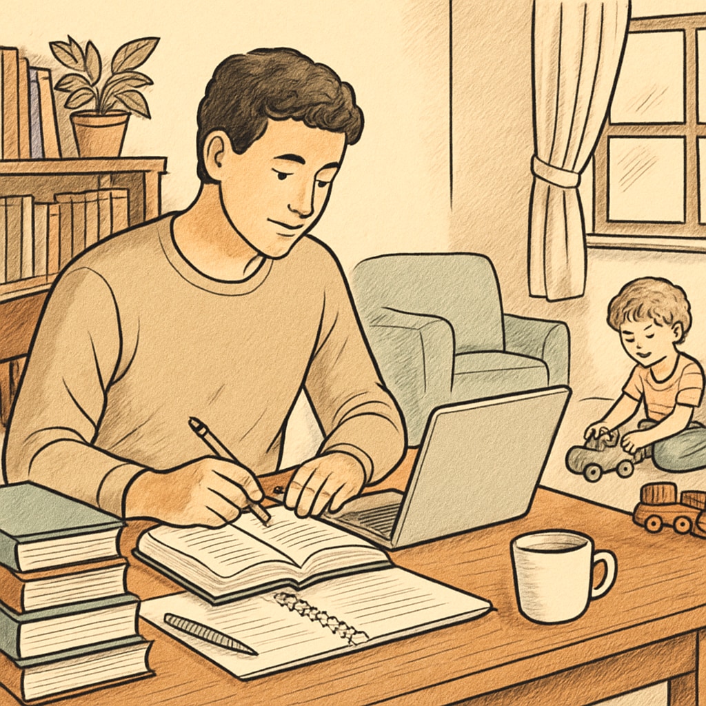 An adult balancing family and education through home study.