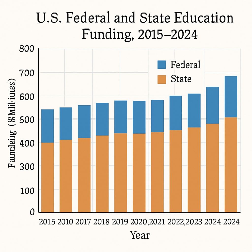Graph showing U.S. education funding trends, highlighting federal and state contributions.