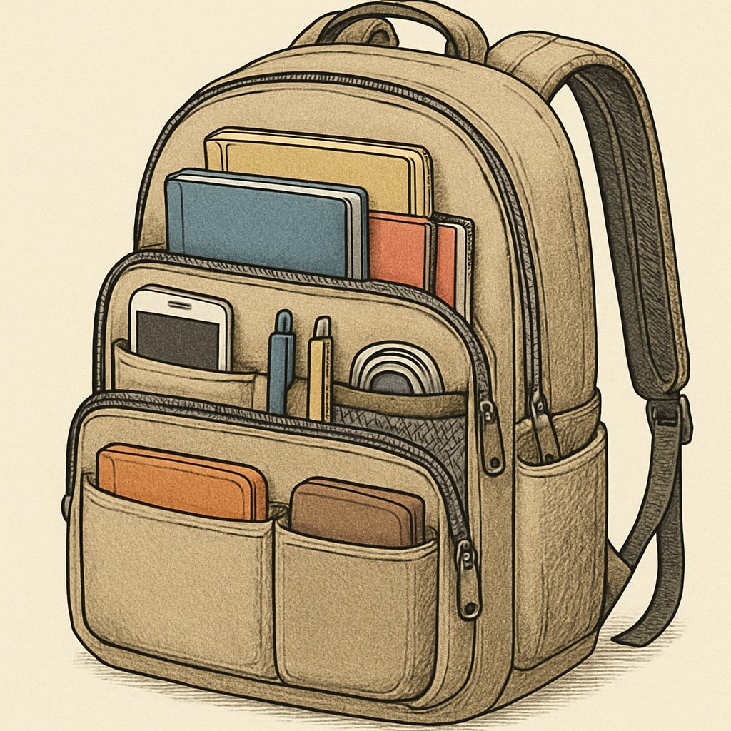 A close-up of an affordable backpack with multiple compartments for organizing daily essentials. Affordable college backpack with multiple compartments