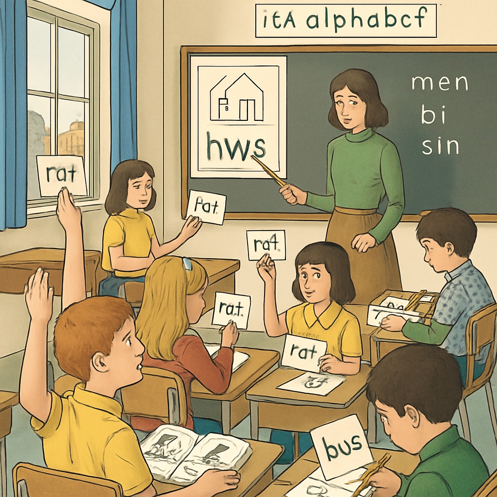 A classroom from the 1970s showing students learning with ITA materials. The image illustrates the historical context of the teaching method. 1970s classroom with students using Initial Teaching Alphabet materials