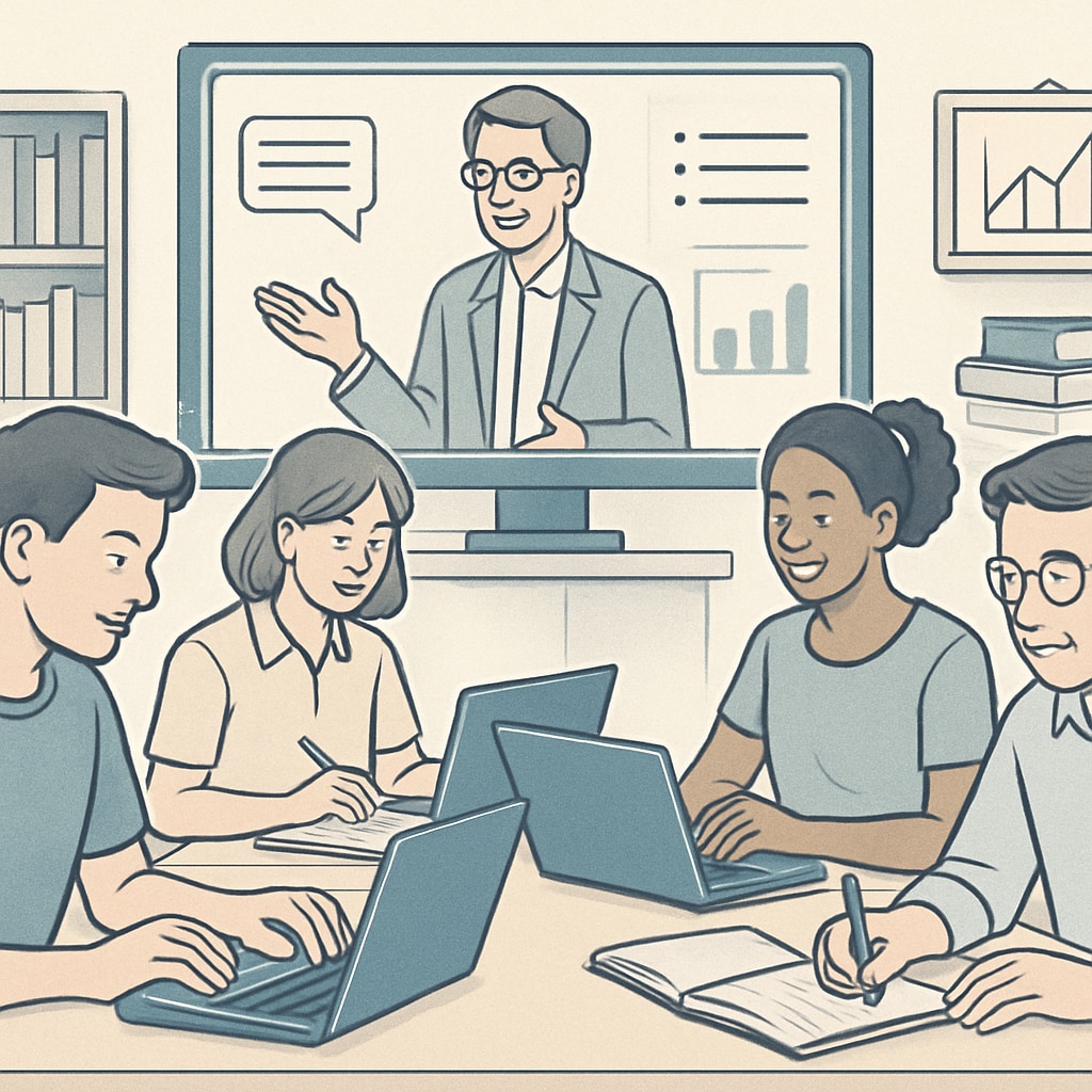 A group of students attending an online course or vocational training. Students engaging in online learning or vocational training opportunities.