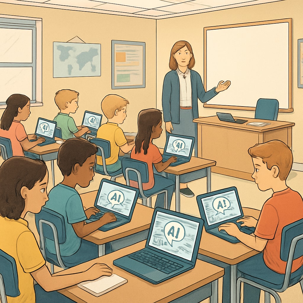A classroom with students using laptops powered by AI-driven software. The image highlights how AI tools are becoming integral in modern education. Students using AI-powered education software in a classroom setting.