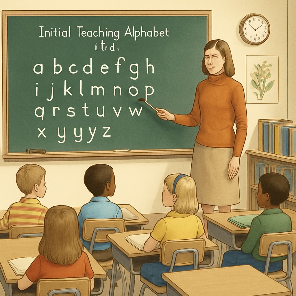 A 1970s classroom with children learning the Initial Teaching Alphabet from a blackboard. Students in the 1970s learning the Initial Teaching Alphabet, a phonetic-based teaching method.