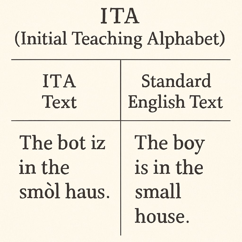 An example of ITA text alongside standard English text for comparison. The image highlights the differences between phonetic and traditional spelling. ITA text compared to traditional English text