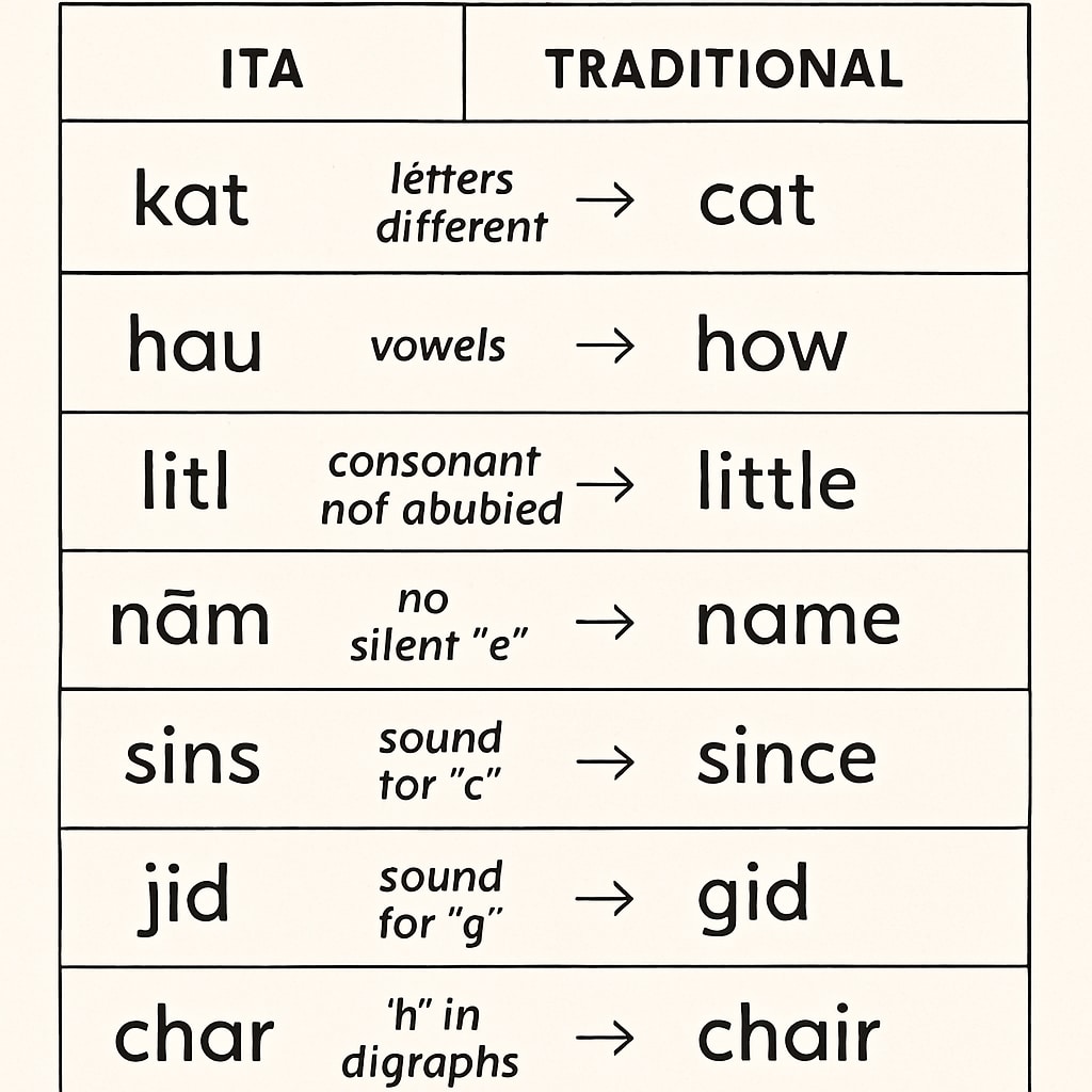 A side-by-side comparison of ITA and traditional English spelling, illustrating key differences. Visual comparison of Initial Teaching Alphabet and standard English spelling.