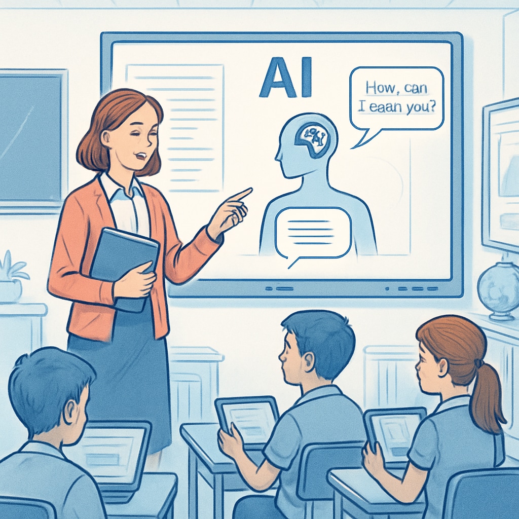 A teacher interacting with an AI-powered virtual assistant in a modern classroom setting. The image emphasizes the role of educators in utilizing AI tools effectively. Teacher using AI virtual assistant in a modern classroom.
