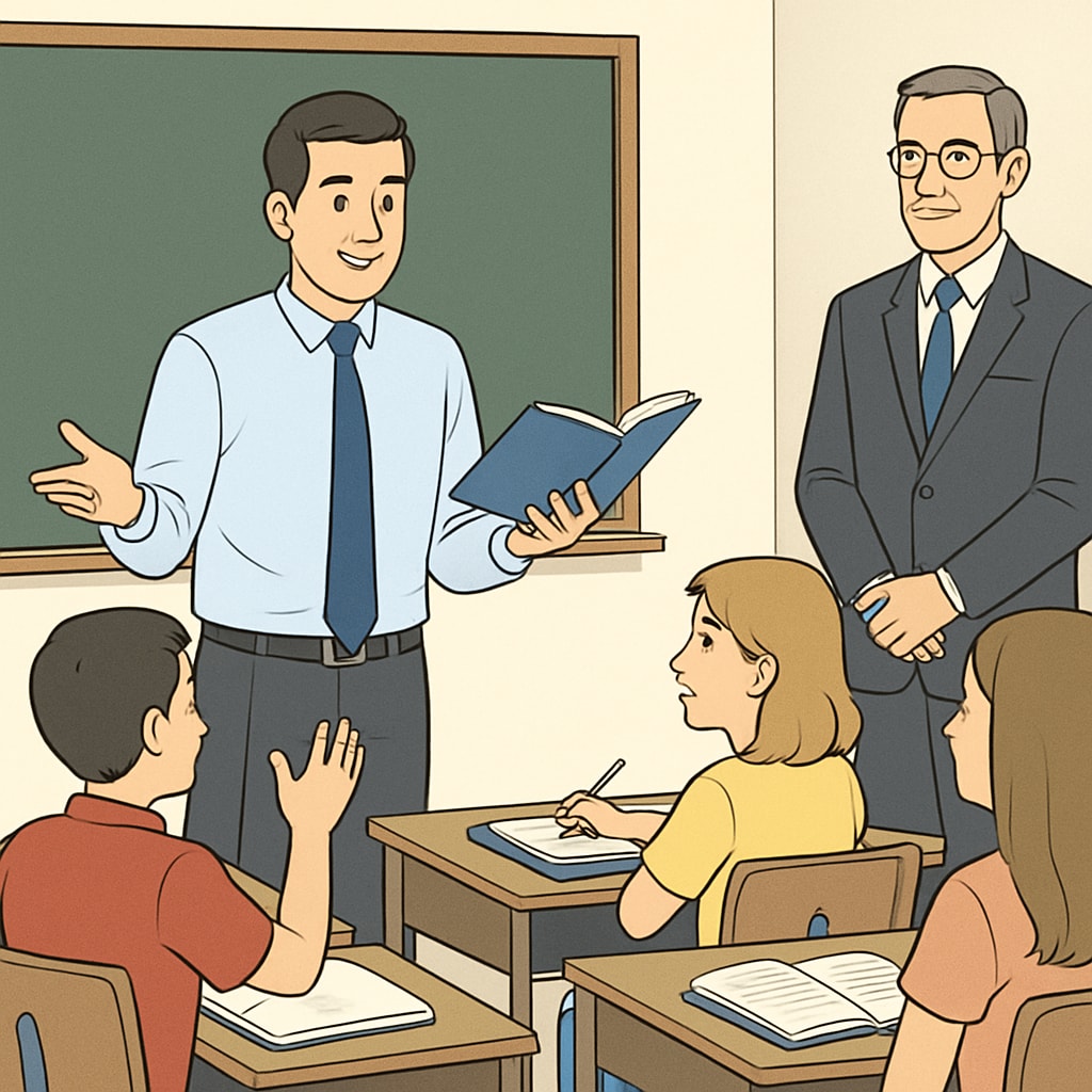 A teacher engages with students while an academic supervisor observes, highlighting the relationship between teaching and leadership.