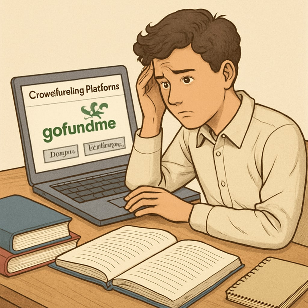 A student reviewing GoFundMe for financial aid to cover education costs.