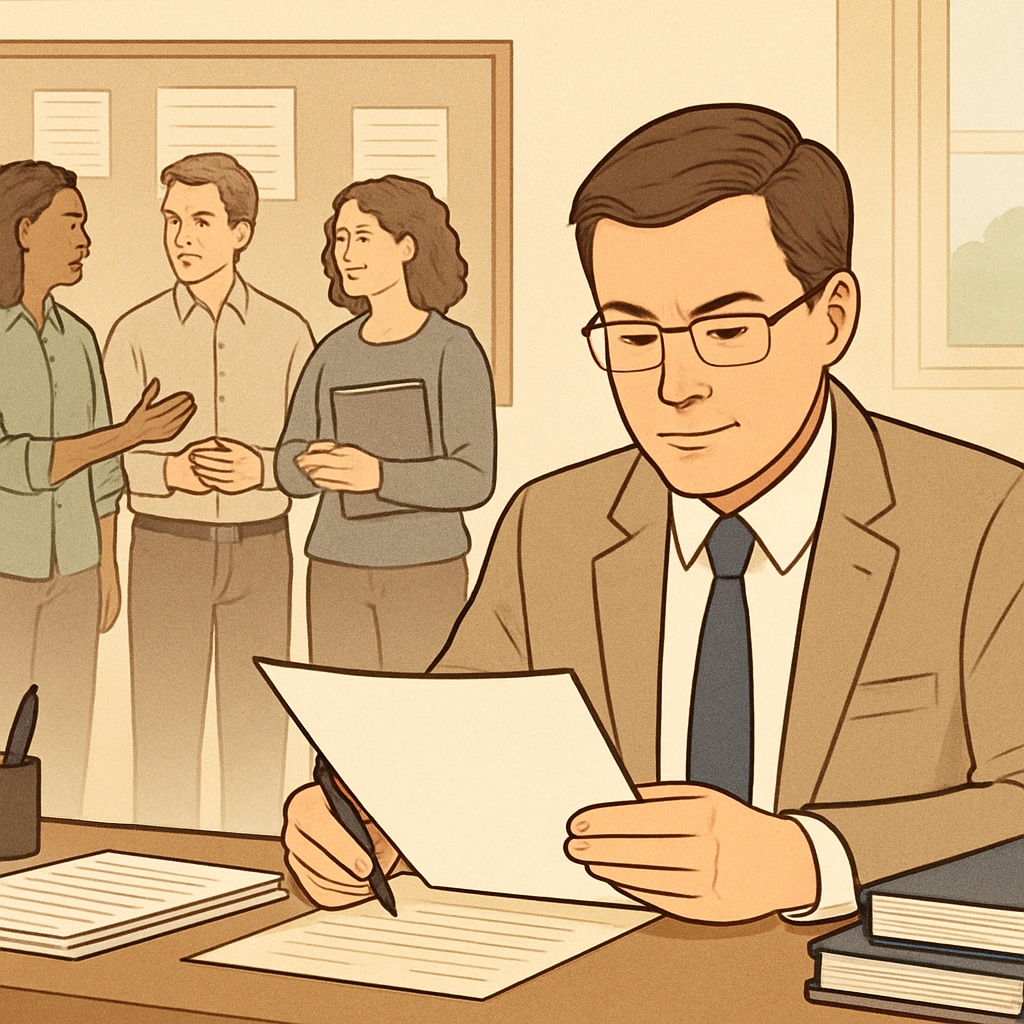 A school administrator reviews documents, symbolizing the divide between administrative tasks and teaching realities.