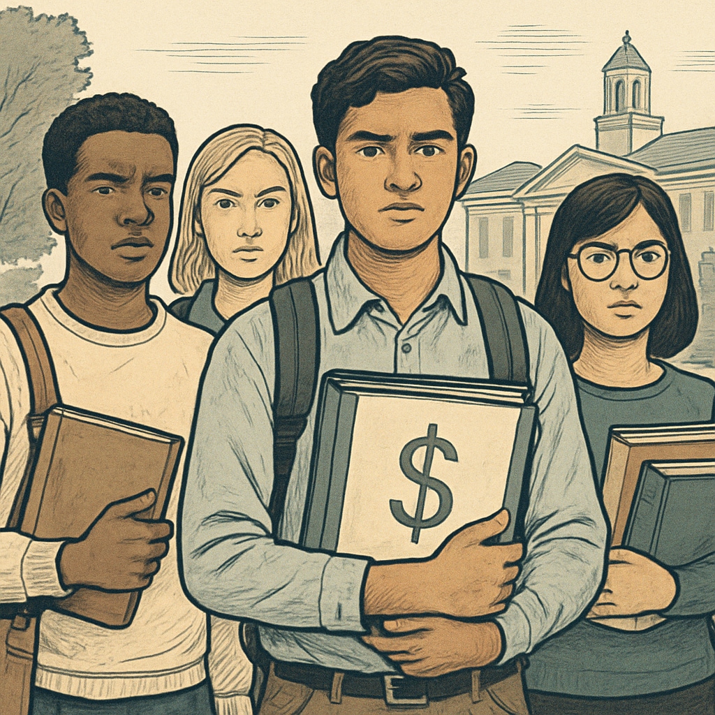 Students standing together on campus, symbolizing resilience and financial struggles in education.