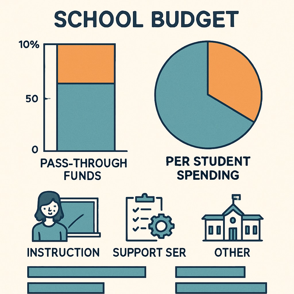 Breakdown of pass-through funds and per-student spending in school budgets.