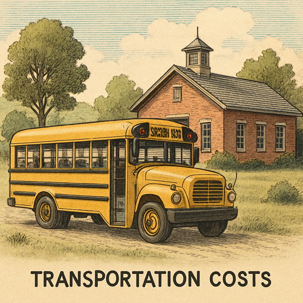A school bus parked outside a rural school, symbolizing the role of transportation costs in school district budgets. School bus representing pass-through funding in education budgets.