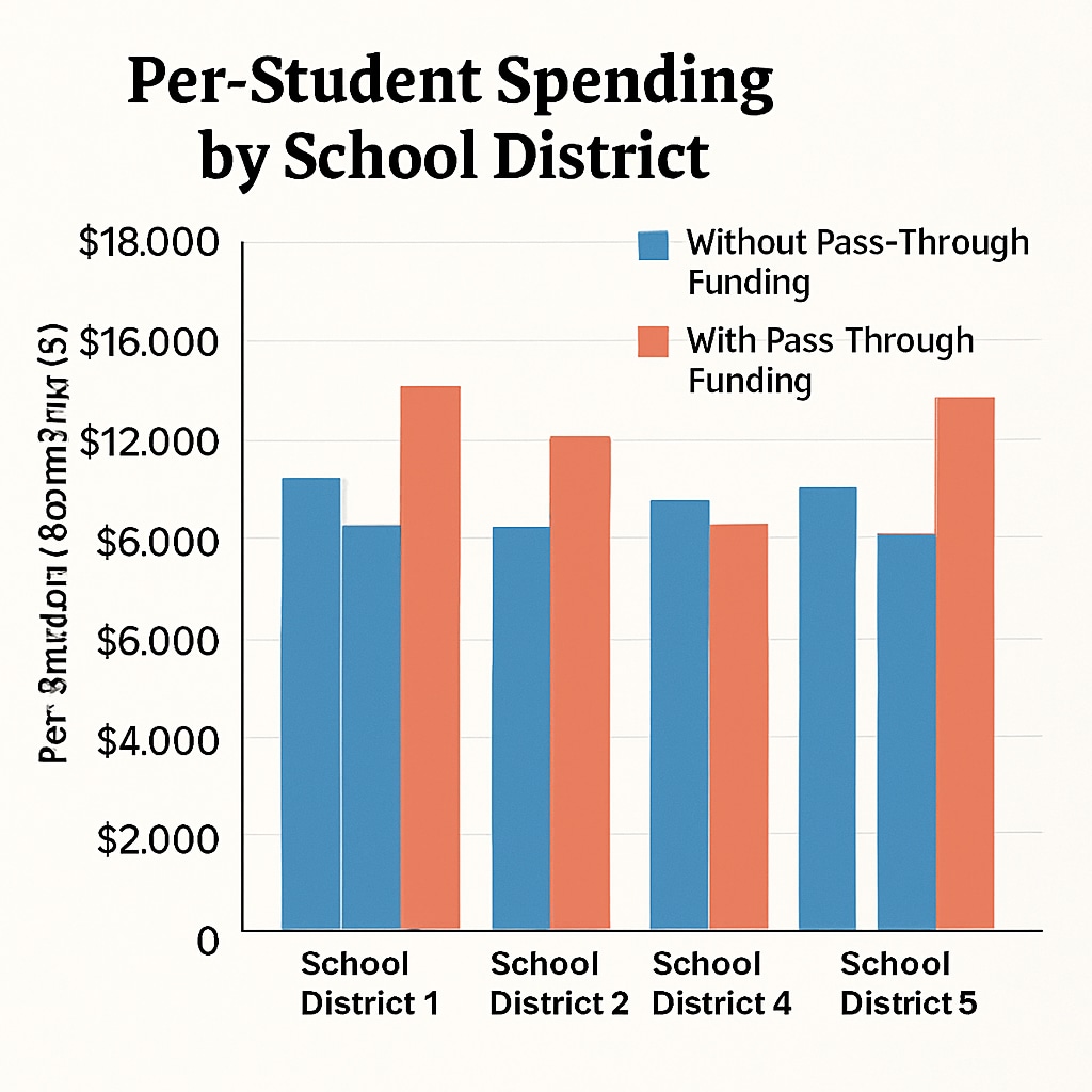 A bar chart comparing per-student spending figures with and without pass-through funding in various school districts. Bar chart showing the impact of pass-through funding on per-student spending data.