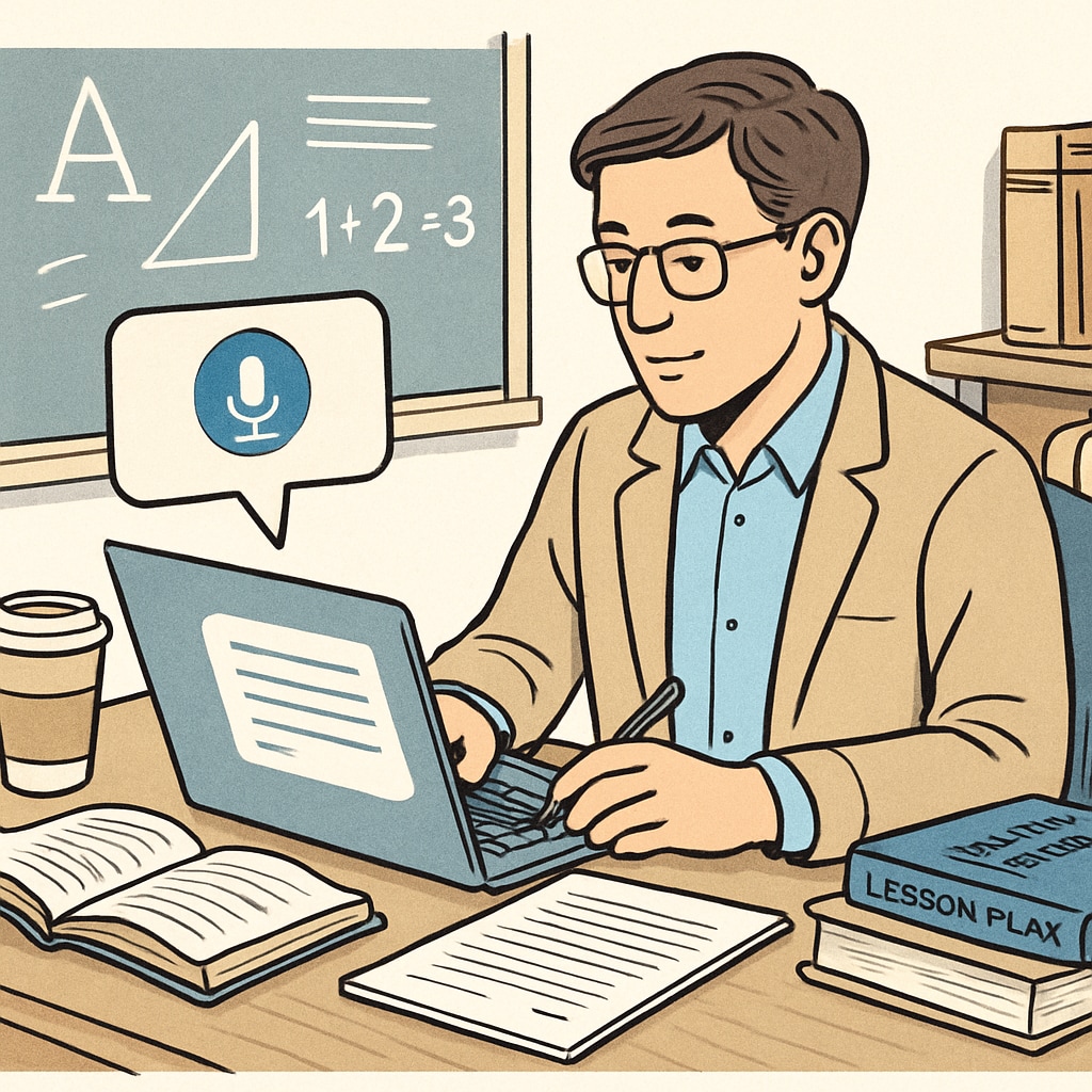 Teacher planning a lesson using voice-to-text technology to improve education efficiency.
