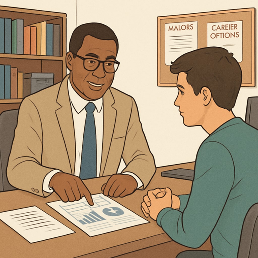 Academic advisor helping a student with major selection and career planning.