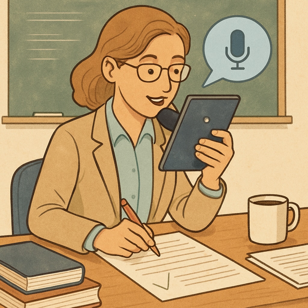 Teacher providing feedback using voice-to-text technology to streamline workflows.