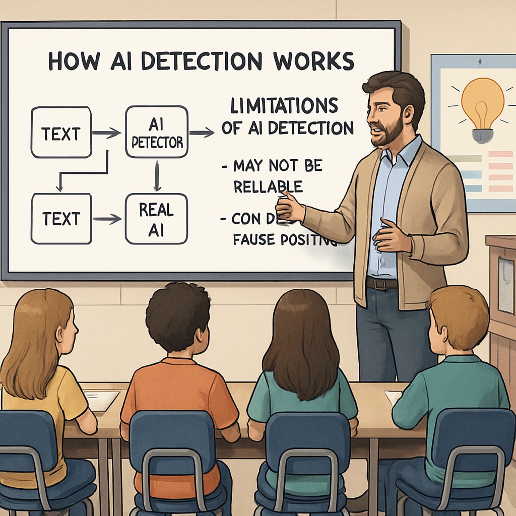 Teacher explaining AI detection limitations in a K-12 classroom.
