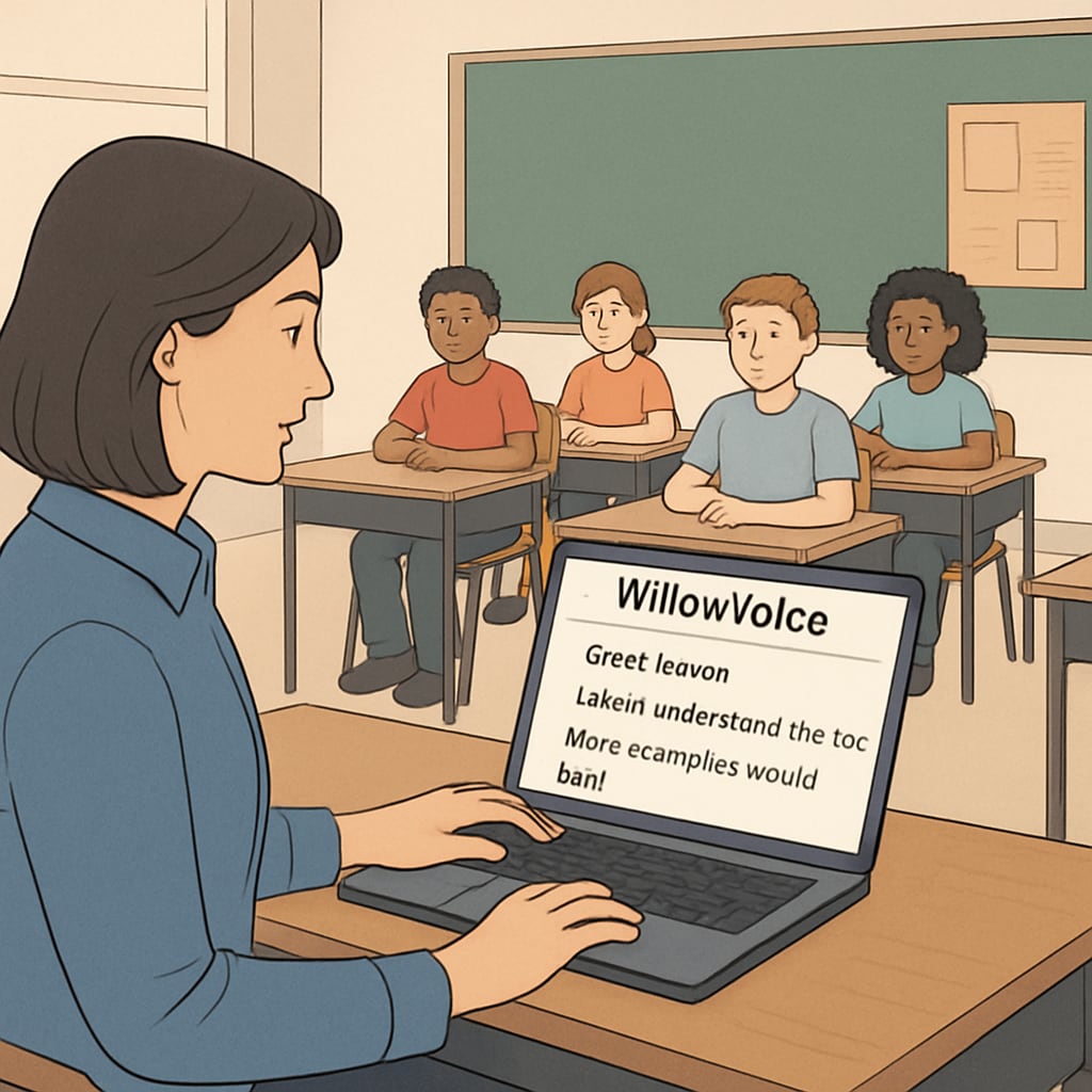 Classroom scene with teacher using WillowVoice for student feedback transcription.