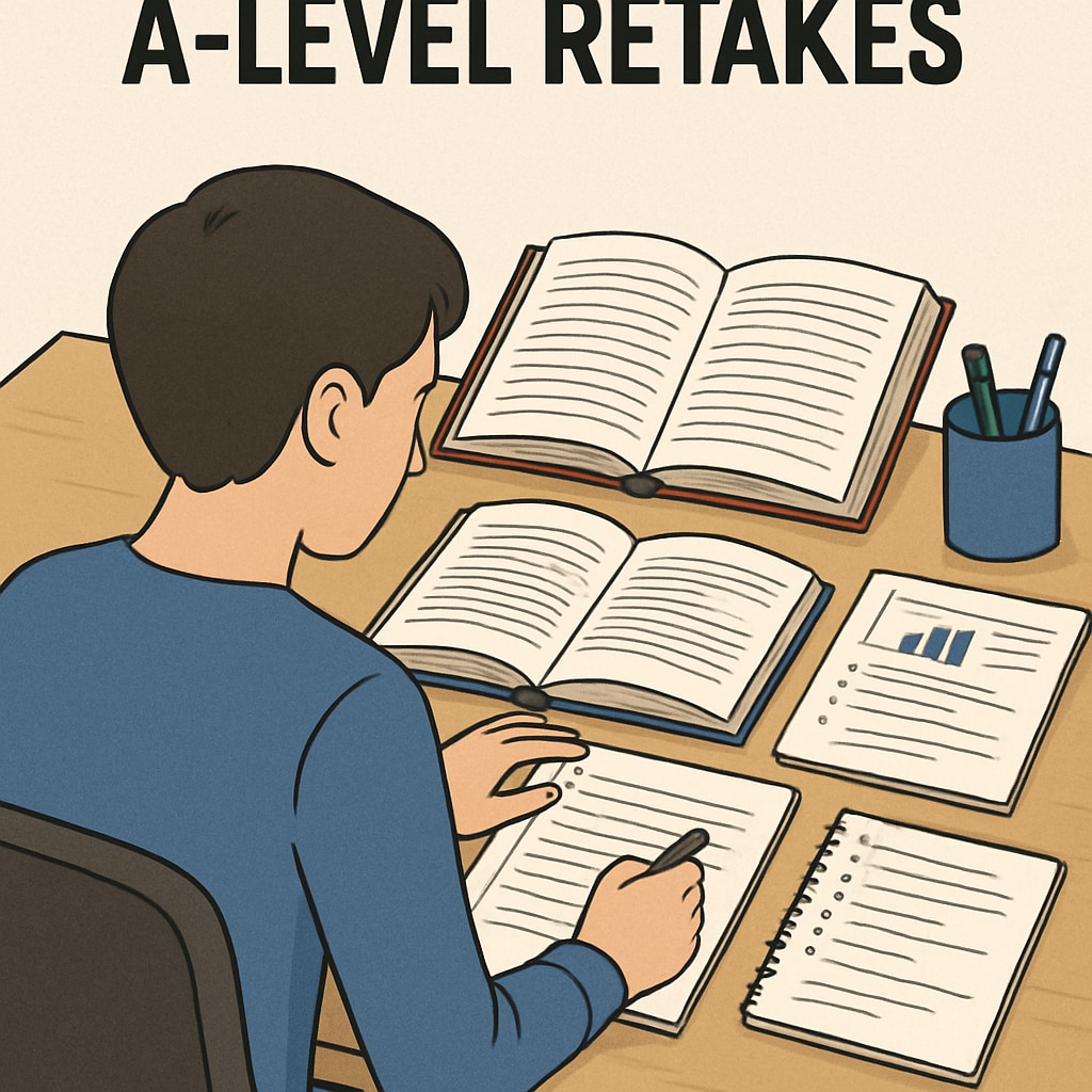 A student studying with textbooks open, representing A-level retakes as a pathway. A student preparing for A-level retakes as a university entry option.