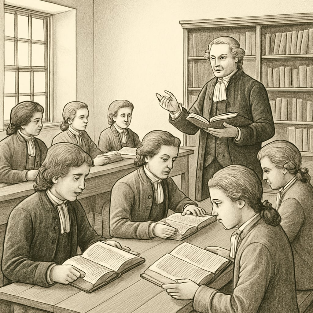 A historical depiction of students studying classical texts in the 18th century classroom. Students engaging in classical education practices in an 18th-century classroom.