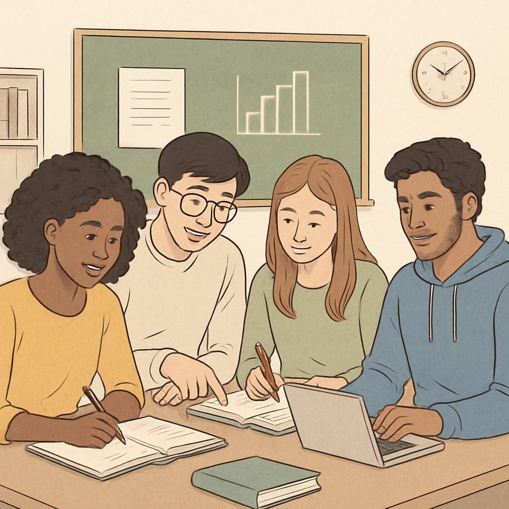 A diverse group of students collaborating in a classroom, symbolizing foundation program opportunities. Students in a foundation program working together in preparation for university.