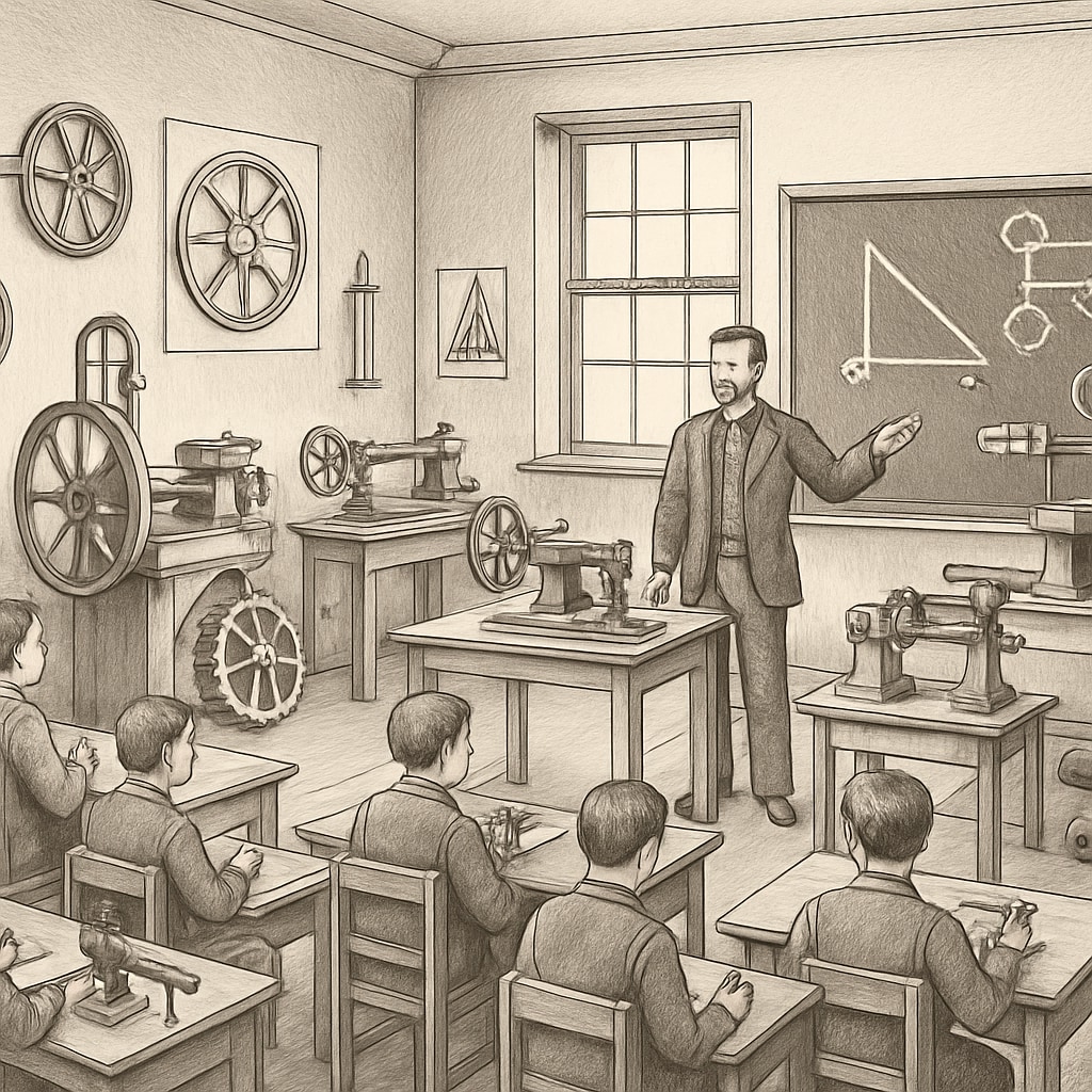 A 19th-century classroom showcasing industrial and technical training tools. A classroom illustrating the shift from classical education to industrial and technical training in the 19th century.