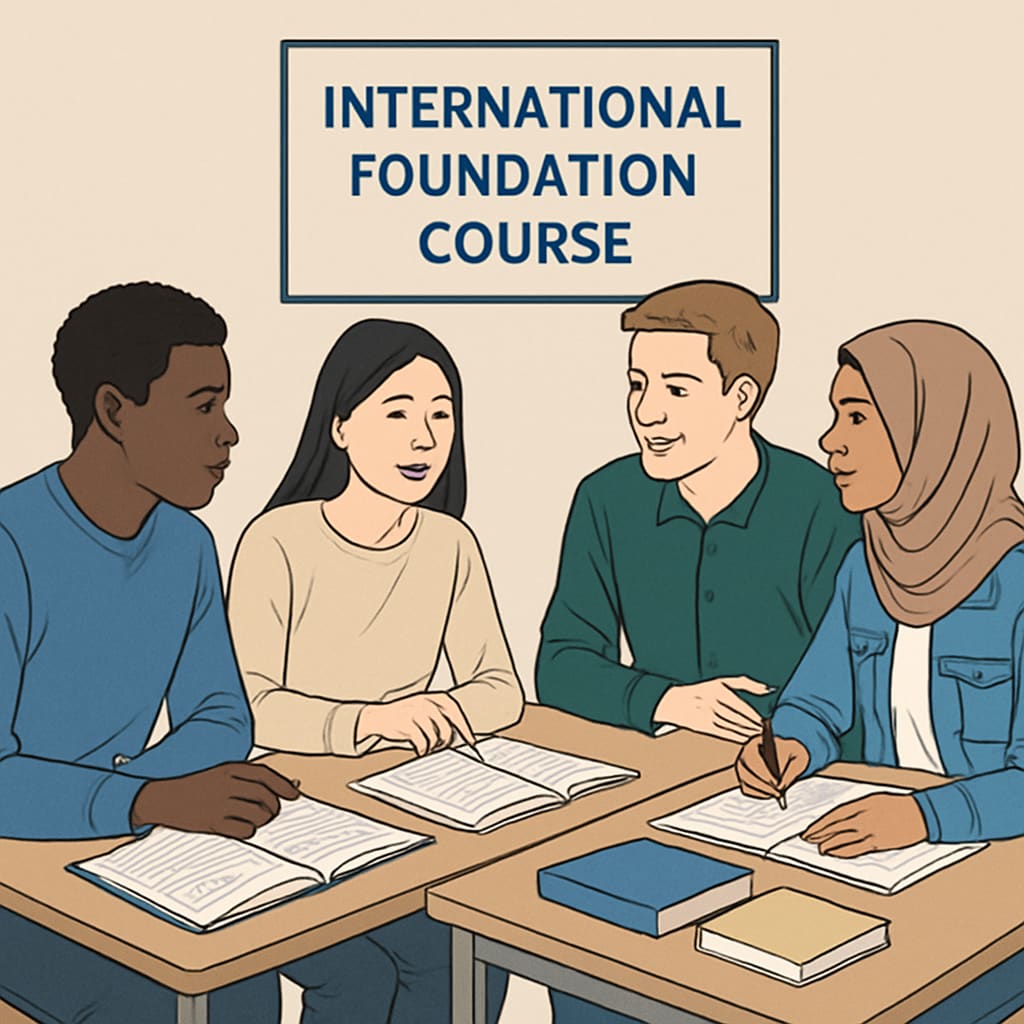 Students engaged in an international foundation course, working on group activities.