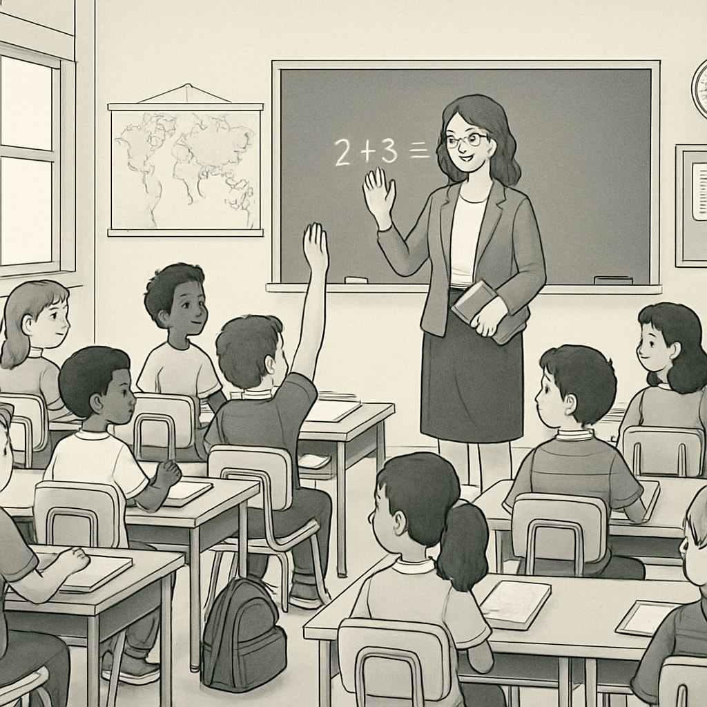 A classroom with students and a teacher, illustrating a typical public school environment. Public school classroom with students and a teacher, representing school choice.