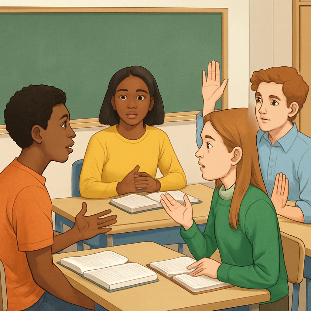 A classroom discussion with diverse students engaging in a debate about social issues. This image captures students exchanging ideas and listening attentively in an open dialogue setting. Classroom discussion about wokeness in schools