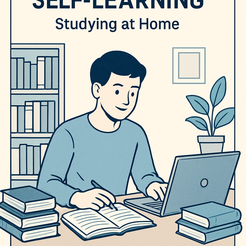 An individual studying at home with books and a laptop, symbolizing the self-learning journey. A person engaged in self-study with books and a laptop, reflecting independent education.