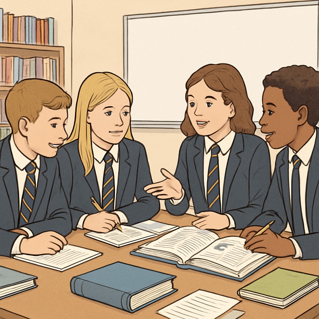 A group of students collaborating on a project at a private school, showcasing small group learning. Students at a private school working in small groups, illustrating private education benefits.