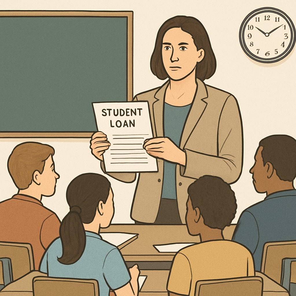 A classroom with a teacher holding student loan documents, symbolizing the financial strain on educators. Teacher holding student loan documents in a classroom, representing SAVE Plan impact.