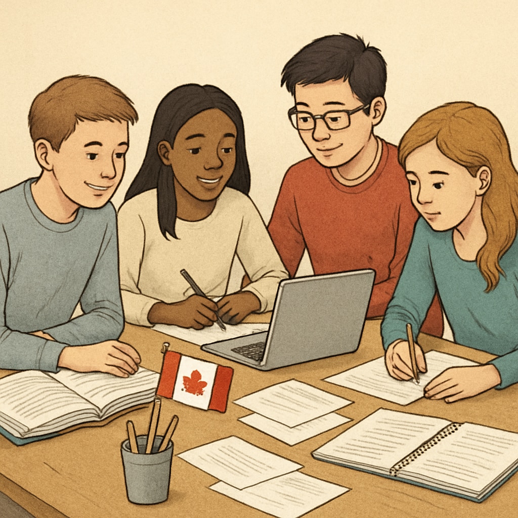 Canadian students working together on a creative project, emphasizing collaboration and innovation.