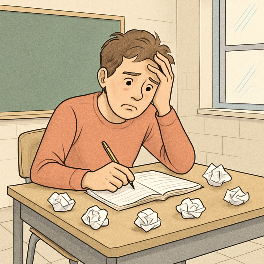 A concerned student sitting at a desk with crumpled papers, illustrating the emotional impact of wrongful plagiarism accusations. Student upset due to unsubstantiated plagiarism accusation.