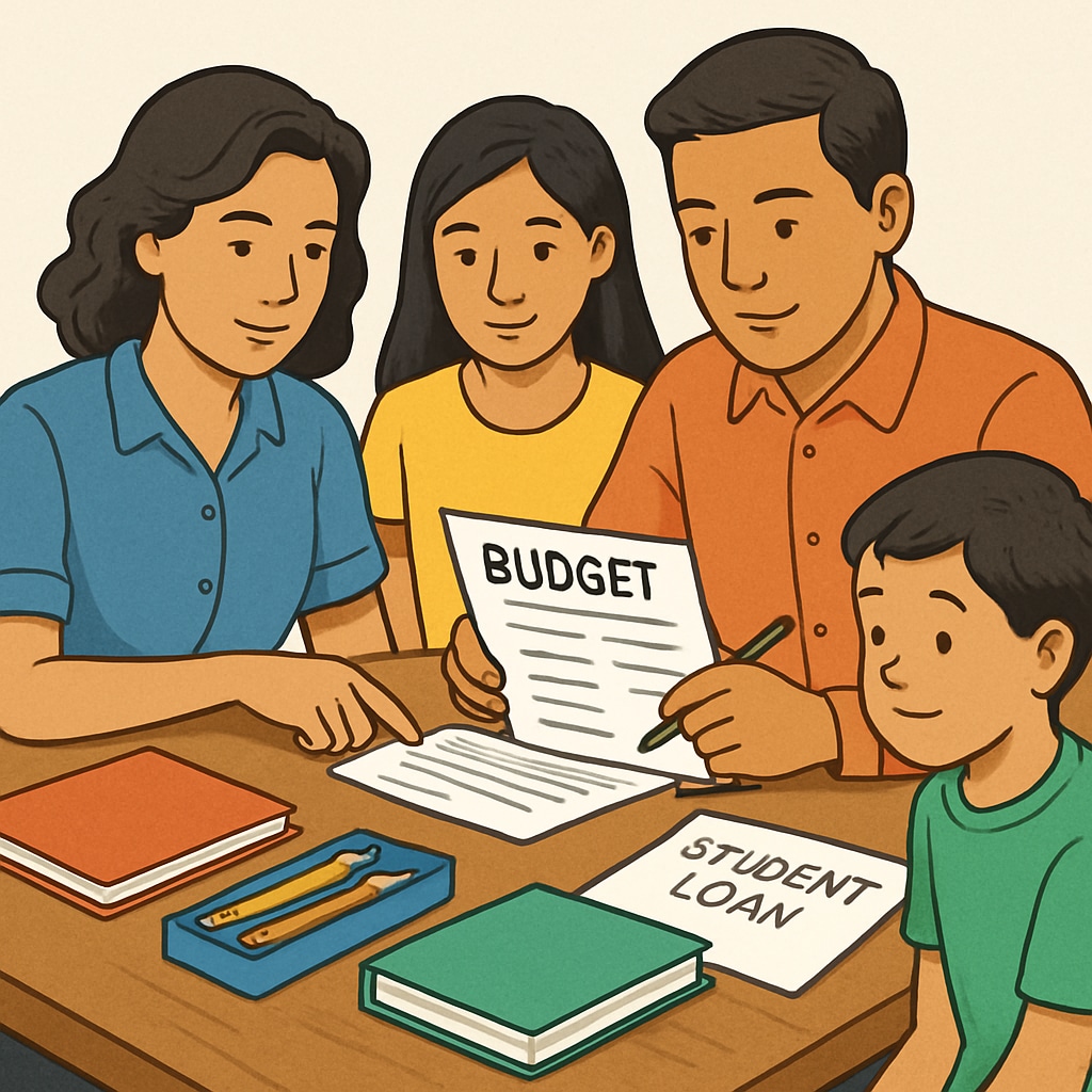 A family reviewing their budget, with school supplies and student loan bills on the table. Family reviewing budget with school supplies and loan bills, reflecting SAVE Plan challenges.