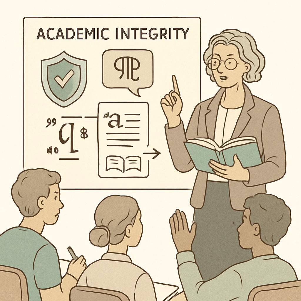 A teacher conducting a workshop on academic integrity with students, emphasizing the importance of proper citation practices. Educator teaching academic integrity to students.