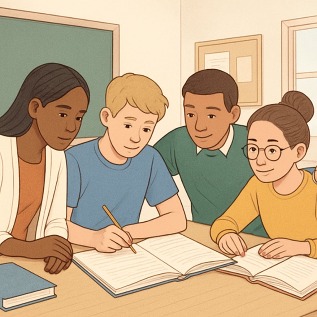 Students from diverse socioeconomic backgrounds collaborating on a group project, symbolizing empathy and mutual understanding. Mixed socioeconomic education fostering empathy through collaboration.
