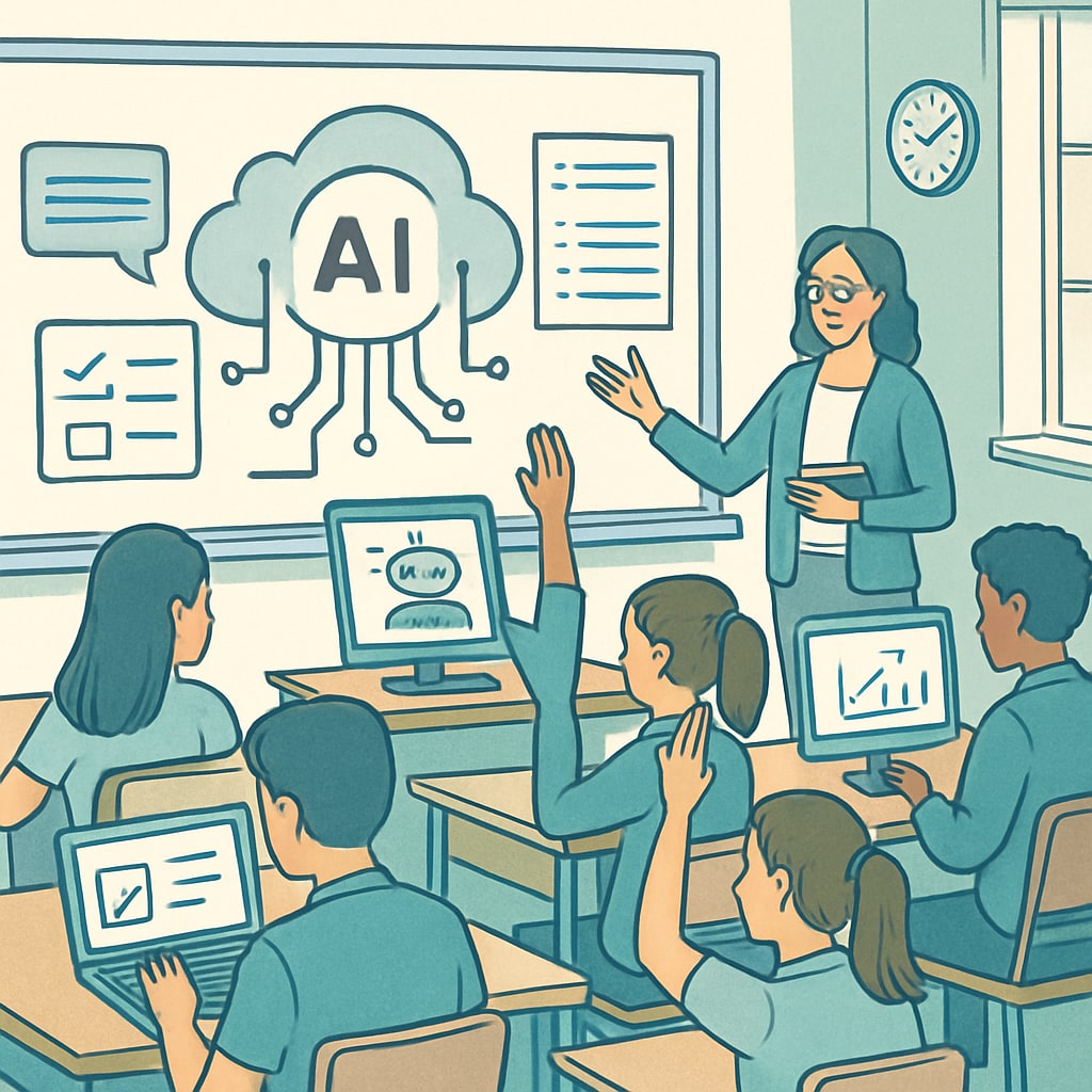 Students in a classroom utilizing AI-powered tools for learning, symbolizing education reform in the AI era