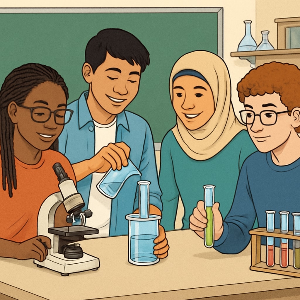 A diverse group of high school students collaborating on a science experiment, showcasing inclusivity and active learning. High school students working collaboratively on a science experiment, supporting ELLs.
