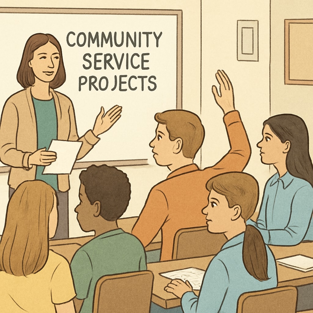 A classroom with students and teachers discussing community service projects, showcasing social responsibility development. Mixed socioeconomic education promoting social responsibility through group activities.