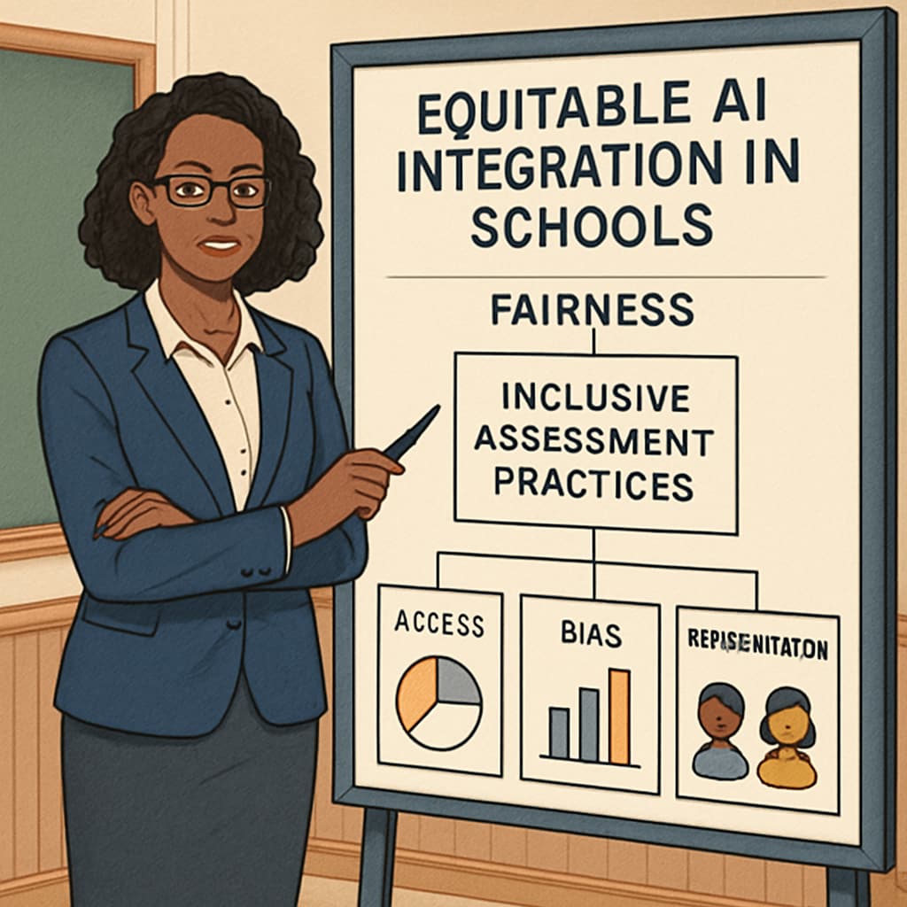 An education policymaker presenting a framework for equitable AI integration in schools, emphasizing fairness and inclusivity in assessment practices. Policymaker discussing equitable AI integration in education.