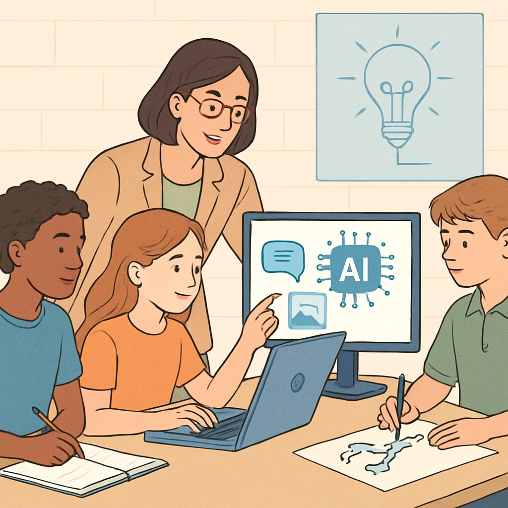 Teacher assisting students with project-based learning using AI tools, showcasing new approaches in talent evaluation