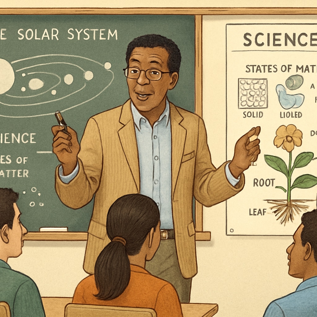 An educator explaining scientific concepts using visual aids and diagrams to engage English learners in a classroom setting. Teacher using diagrams and charts to teach scientific concepts to English learners.