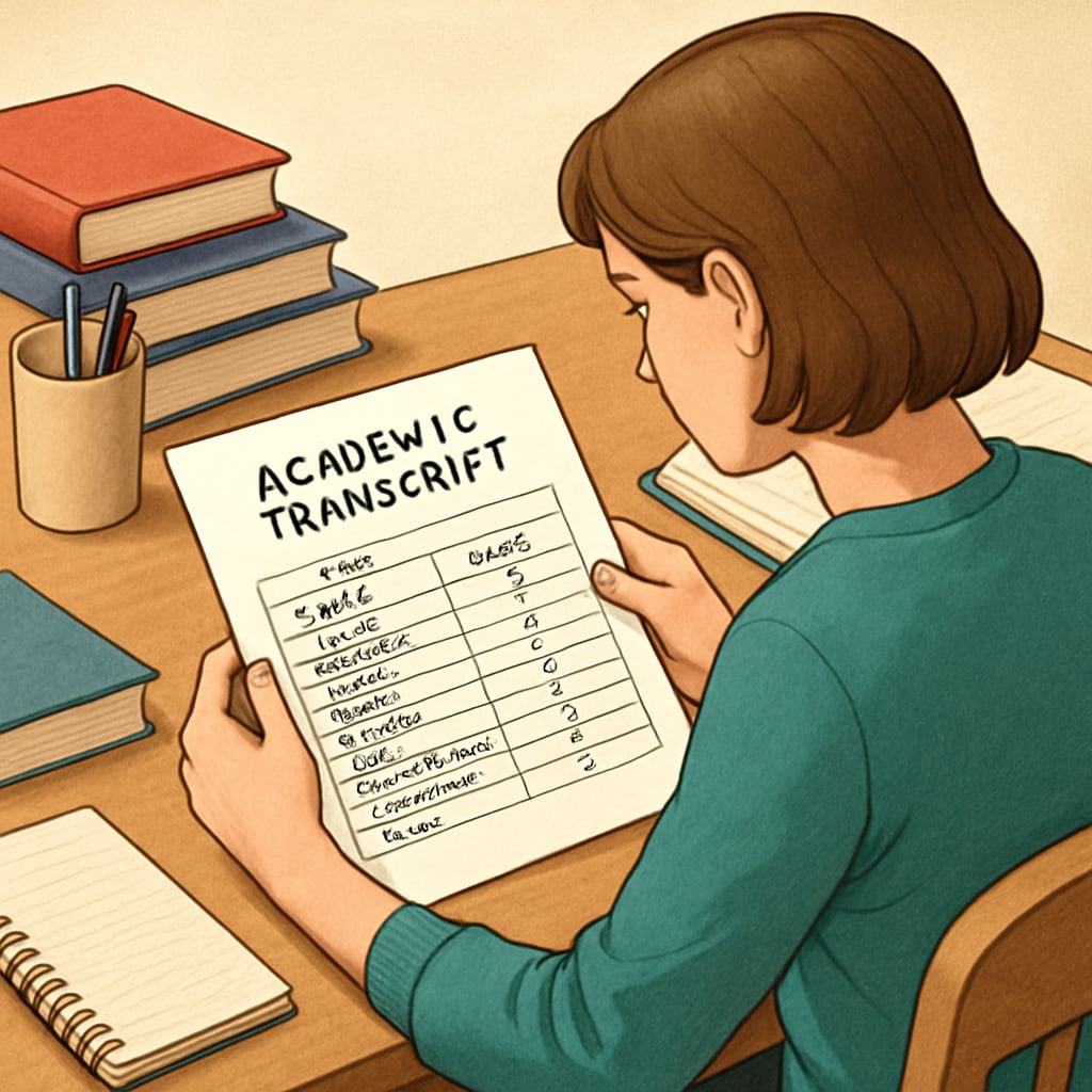 Student looking at academic transcript for Harvard University application.