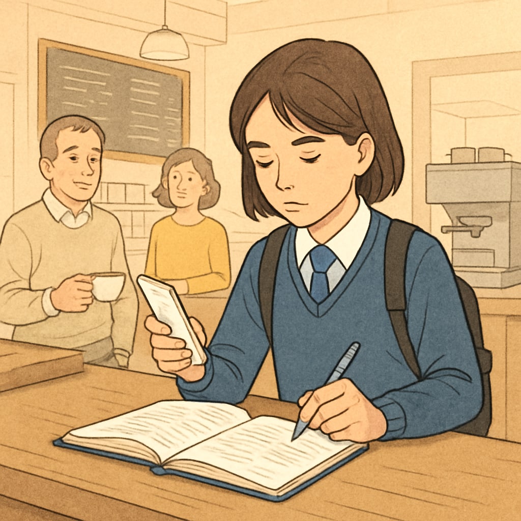 A teenage student working at a cafe, showcasing responsibility and multitasking while balancing part-time work and studies. High school student working responsibly at a cafe while balancing academics.