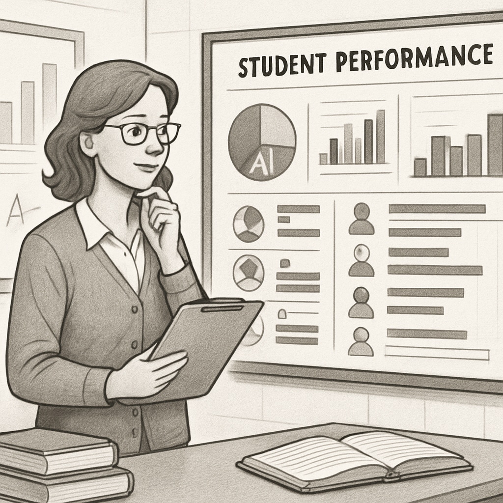 Teacher analyzing AI-generated data, illustrating concerns about reliance on AI in education.