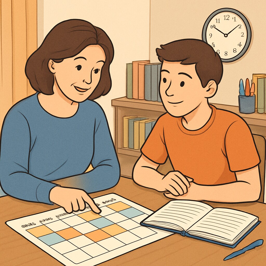 A parent and teenager discussing a weekly schedule to promote effective planning for balancing work and academics. Parent helping teenager plan a weekly schedule to balance work and studies.